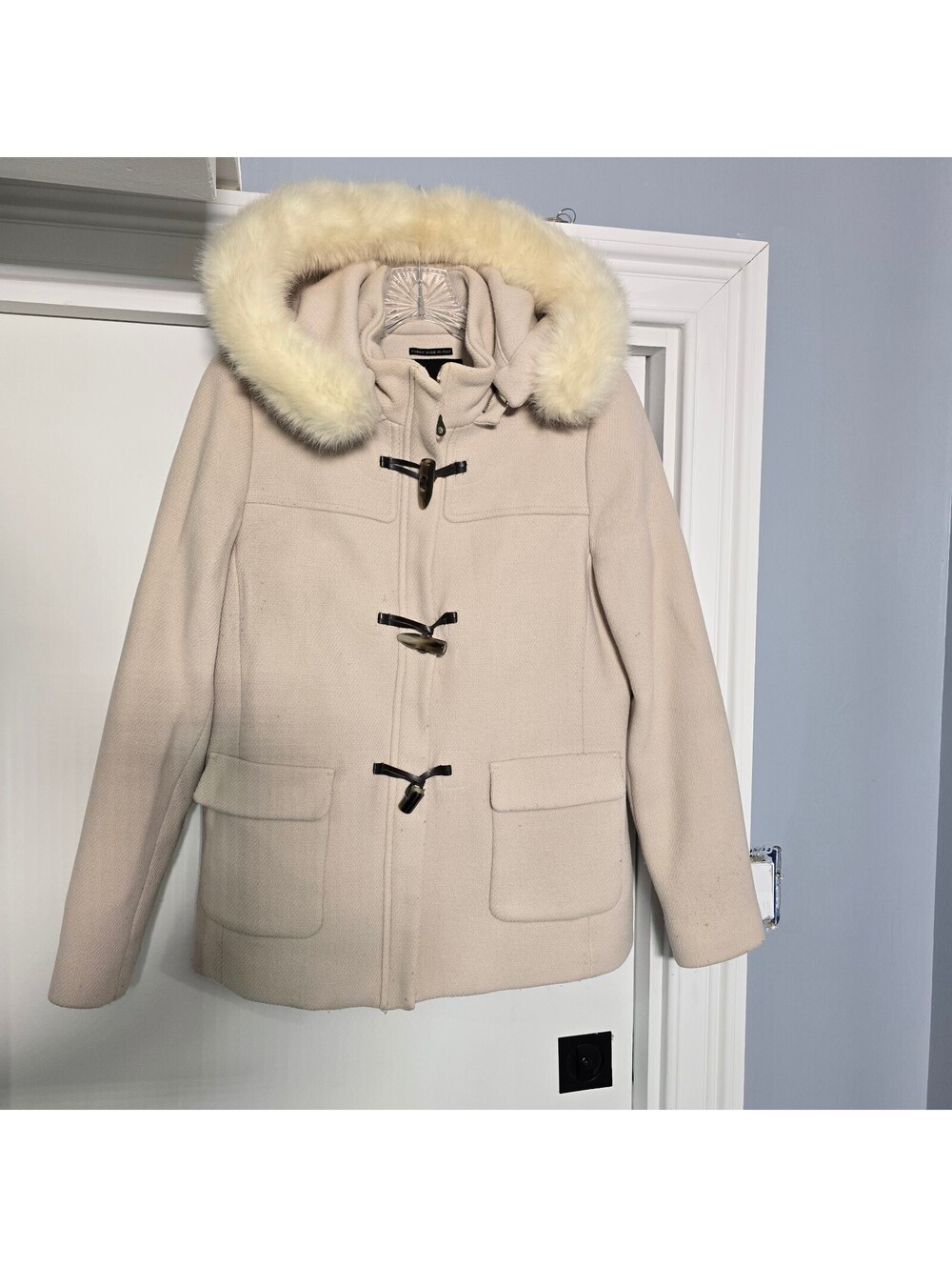 Talbots Women’s M Ivory Italian Fabric Wool Duffle Coat Faux Fur Hood